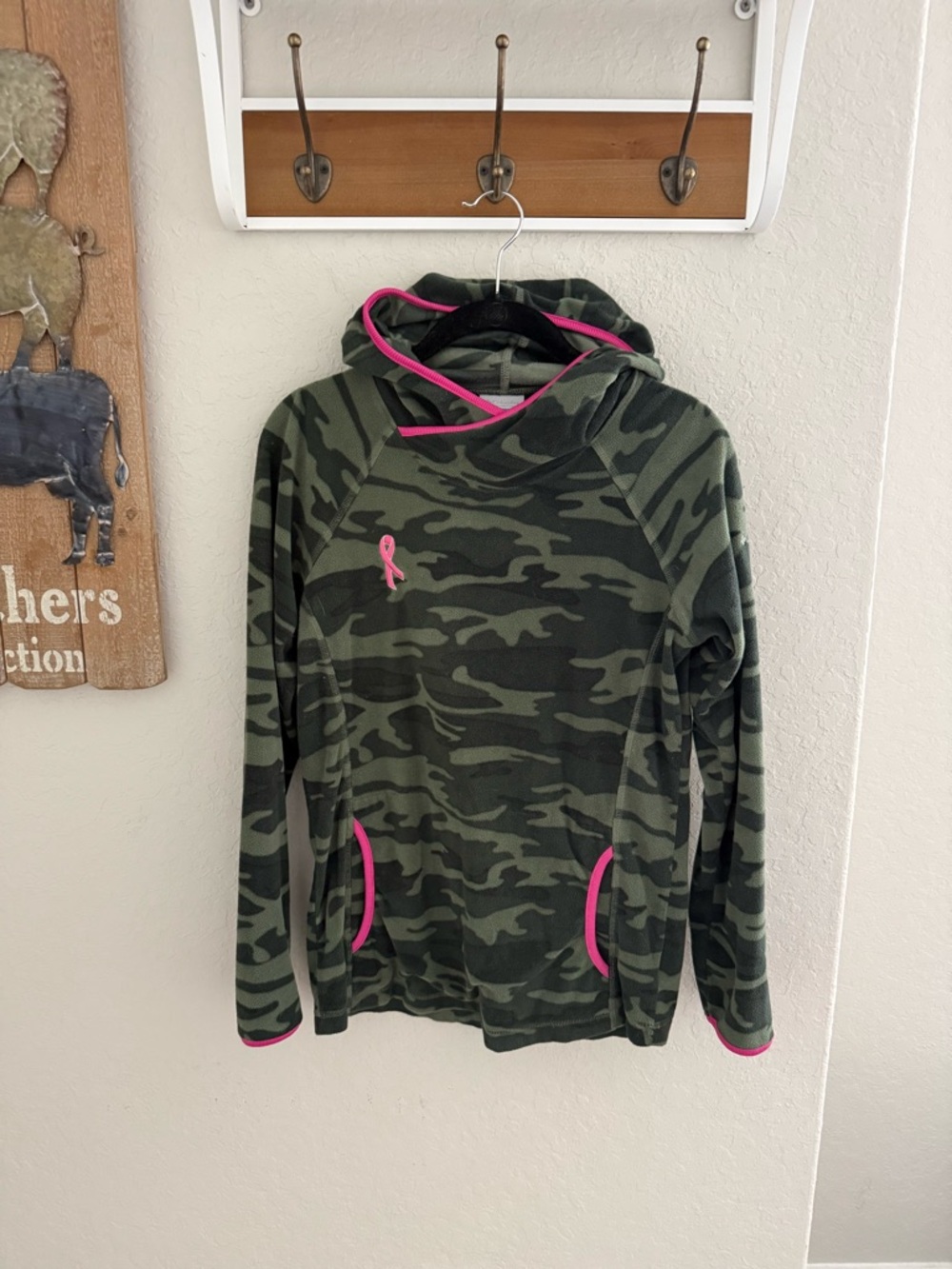 Columbia Green Camo Pullover with Pink Trim